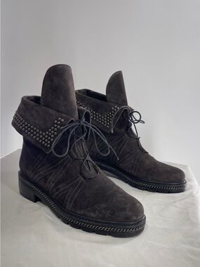 Stuart Weitzman Gray Studded Suede Lace-Up Boots
